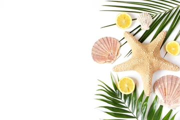 Selbstklebende Fototapeten Composition of exotic seashells, oysters, starfish and lemons on lush green palm leaves isolated on white wooden background. Tropical summer vacation concept, flat lay, top view © tabitazn
