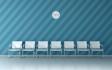 Soft blue waiting room with blue nice striped wall,  white chairs and wall clock 3D render