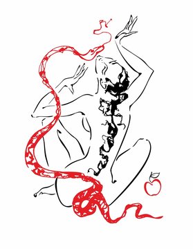 Bible illustration, Eve with red apple, serpent tempter. Vector