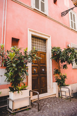 Fototapeta na wymiar pink building with potted plants on street in Rome, Italy