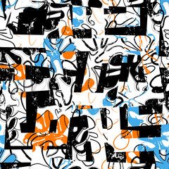 seamless background pattern, with trapeze, ornaments, paint strokes and splashes, retro style