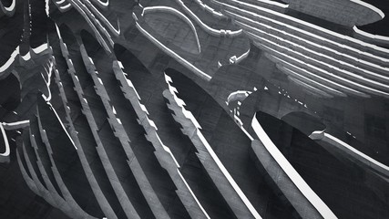 Abstract  concrete parametric interior with neon lighting. 3D illustration and rendering.