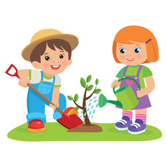 Cute Cartoon Girl And Boy Working In The Garden Vector Illustration. Kids Plant A Tree. Girl With Watering Can, Boy With A Shovel Vector. Spring Gardening.