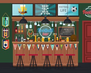 Football pub or soccer bar with tv, alcohol drinks