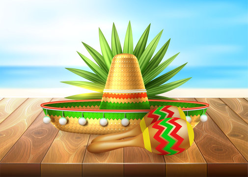 Vector Mexican Maracas, Sombrero Beach Sea