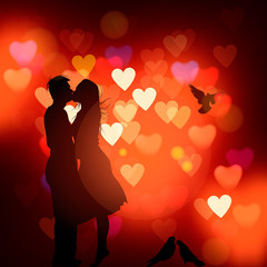 Silhouette of a couple in love kissing against a hearts blurred background, vector illustration.