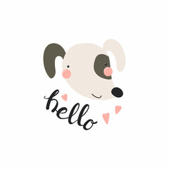 Hand drawn vector illustration of a cute funny dog face, with lettering quote Hello. Isolated objects. Scandinavian style flat design. Concept for children print.