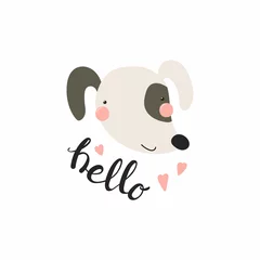 Foto op Canvas Hand drawn vector illustration of a cute funny dog face, with lettering quote Hello. Isolated objects. Scandinavian style flat design. Concept for children print. © Maria Skrigan