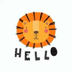 Foto op Aluminium Hand drawn vector illustration of a cute funny lion face, with lettering quote Hello. Isolated objects. Scandinavian style flat design. Concept for children print. © Maria Skrigan