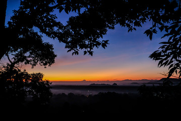 Fototapeta na wymiar Sunrise silhouette forest with colorful sky and fog