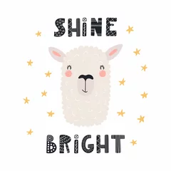 Foto op Aluminium Hand drawn vector illustration of a cute funny llama face, with lettering quote Shine bright. Isolated objects. Scandinavian style flat design. Concept for children print. © Maria Skrigan