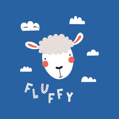 Hand drawn vector illustration of a cute funny sheep face, with clouds, lettering quote Fluffy. Isolated objects. Scandinavian style flat design. Concept for children print.