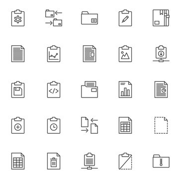 Files and folders outline icons set. linear style symbols collection, line signs pack. vector graphics. Set includes icons as clipboard with cog gear, data exchange, document file, business chart