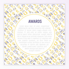 Awards concept with thin line icons: trophy, medal, cup, star, statuette, ribbon. Modern vector illustration of prizes for competition. Template for print media, banner.