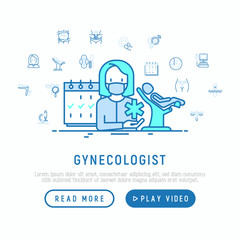 Gynecologist concept with thin line icons: uterus, ovaries, gynecological chair, pregnancy, ultrasound, embryo, menstruation, ovulation. Modern vector illustration, web page template.