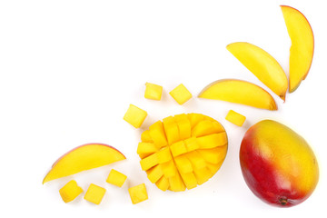 Naklejka na ściany i meble Mango fruit and half isolated on white background with copy space for your text. Top view. Flat lay