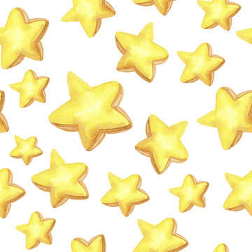 seamless pattern with cartoon yellow watercolor stars isolated on white background