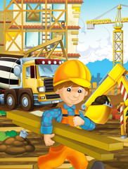 Fototapeta na wymiar cartoon scene with workers on construction site - builders doing different things - illustration for children