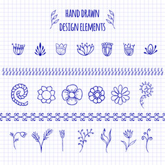 Set of hand-drawn doodle elements and seamless borders. Sketch style illustration with flowers and leaves. Rustic decorative line borders, tribal decorative elements. For patterns, scrapbooking