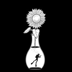 Scuba diving silhouette in jar of sunflower on black background. vector illustration isolated. Sport underwater. Diving school, Scuba school. tattoo design. for freedom.