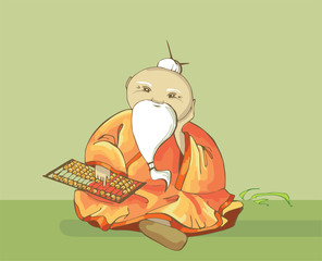 Japanese grandfather counts on the abacus. Abacus.Grandpa Asian with a beard.A gray-haired grandfather is a mathematician.
