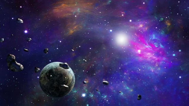 Space scene. Planet and asteroids rotating around light. Elements furnished to NASA. 3D Rendering