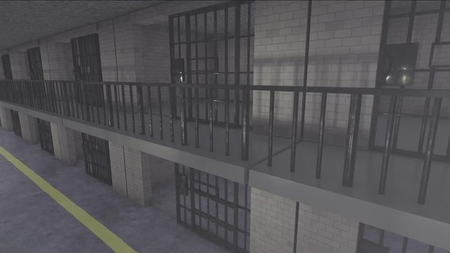 Prison Move Along Side Angle Above. an animation moving along the side of a two level prison block and doors close as they move by
