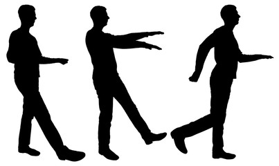 Vector silhouette of three walking men holding balance