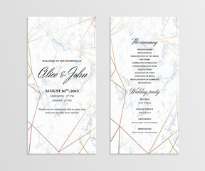 Double-sided wedding program template. Geometric design in rose gold on the marble background. Dimensions 4x8 inch. Seamless marble pattern in the palette. - obrazy, fototapety, plakaty