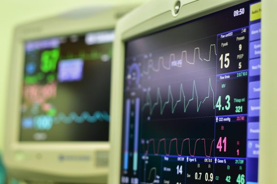 EKG Monitor In Intra Aortic Balloon Pump Machine In Icu On Blur Background, Brain Waves In Electroencephalogram, Heart Rate Wave