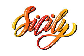 Obraz premium Vector lettering of word Sicily. Modern calligraphy. As template of logotype, label, icon, tag, banner. Inscription for packing product to store, for journal, flyer.