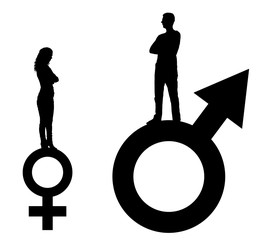 Vector silhouette of a big man and a small woman standing on gender symbols