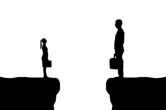 Vector silhouette of the workers, the big man and the little woman between them is a abyss