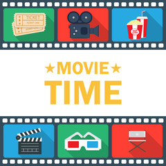 Movie Time Poster with clapperboard, popcorn, ticket, and camcorder, icons set for infographics. Vector illustration.