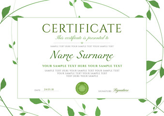 Certificate of completion template with Green floral pattern frame (leaves). Design useful for diploma, invitation, gift voucher, coupon or different Eco friendly awards. Vector
