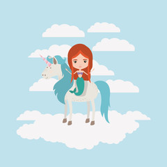 mermaid with unicorn in the clouds vector illustration design