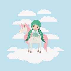 fairy with unicorn in the clouds vector illustration design
