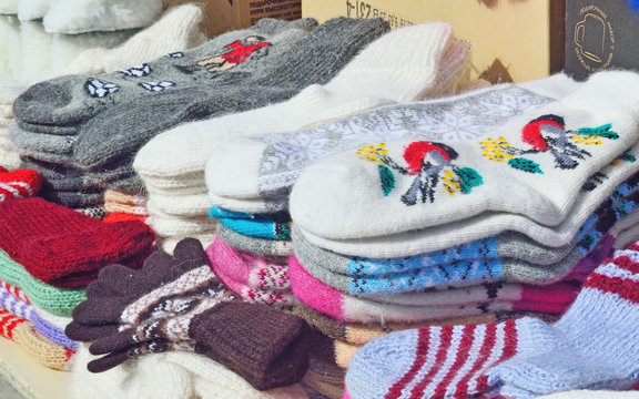 selling of woolen socks on the market