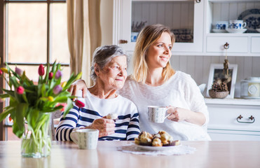 An elderly grandmother with an adult granddaughter sitting at the table at home.