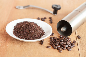 Coffee powder in white dish on wood table.