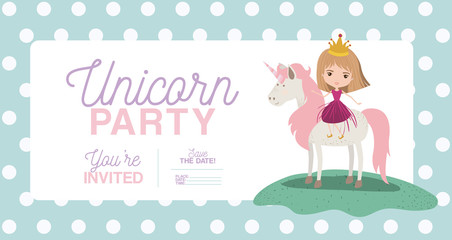 princess with unicorn invitation card vector illustration design