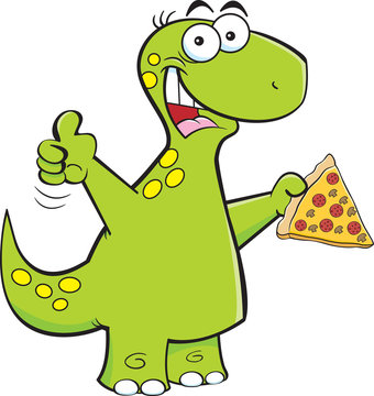 Cartoon illustration of a brontosaurus holding a slice of pizza.