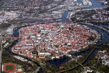 Obraz premium Aerial Picture of the Hanseatic City of Lübeck (Luebeck) – Germany 