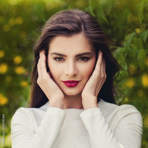 Beautiful Brunette Woman Outdoors Summer Portrait Young