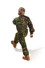 Young army soldier wearing camouflage uniform isolated on white