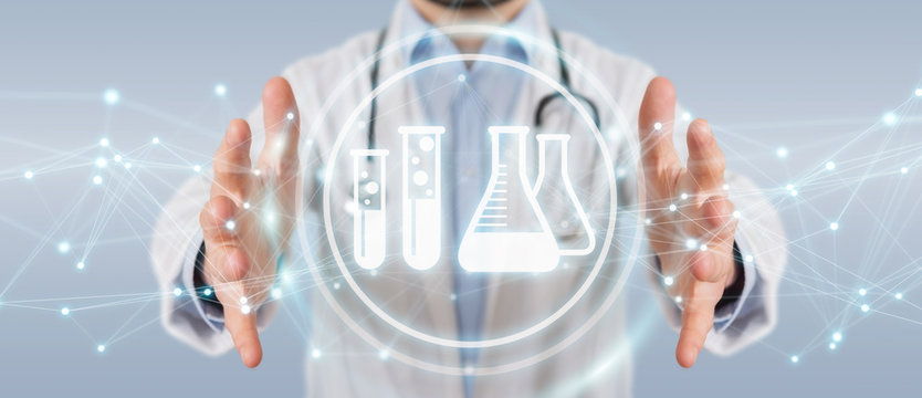 Doctor holding digital analysis result icons 3D rendering