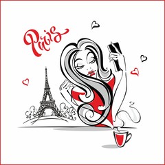 A girl in Paris doing a selfie. Photographed against the backdrop of the Eiffel tower. Tourist. Beautiful Parisian. Fashion model. Vector illustration.