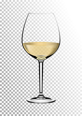 Transparent realistic vector wineglass full of white wine with bright saturated straw colored amber. Illustration in photorealistic style.