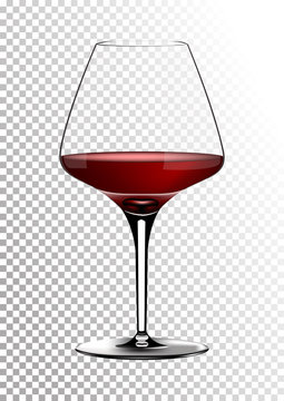 Transparent realistic vector wineglass full of red wine rich dark ruby burgundy color. Illustration in photorealistic style.