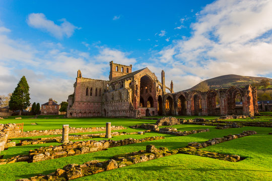 Ruins of Melrose Abbey in the Scottish Borders region in Scotland